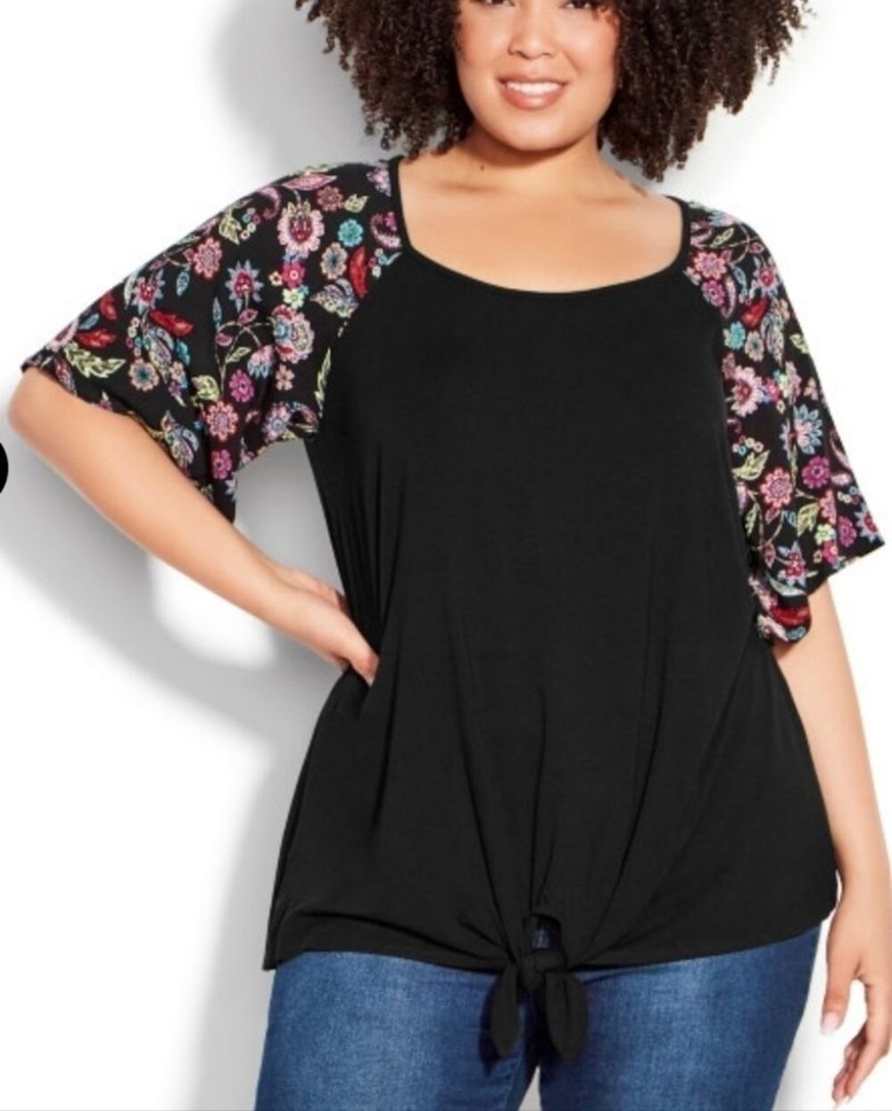 Loralette Gretta Tie Front Top - black paisley floral size 26/28
